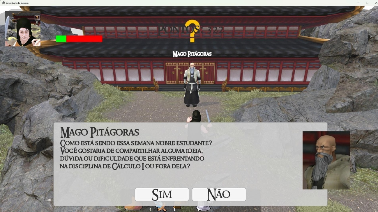 Personagem do jogo convidando o estudante a compartilhar ideias, dúvidas ou dificuldades