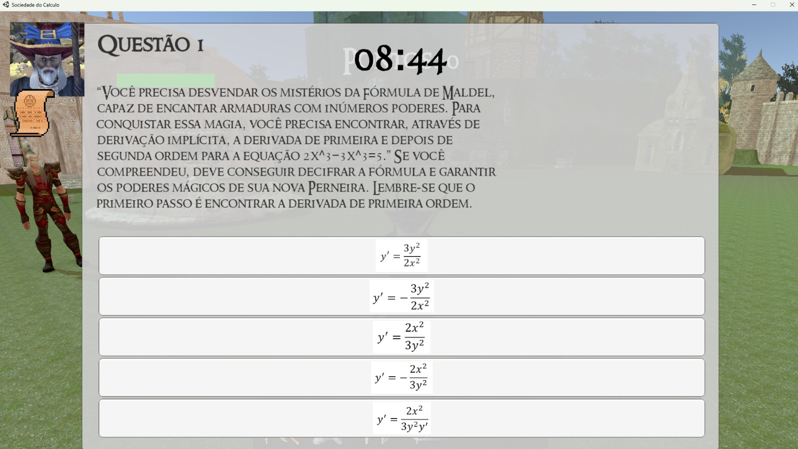 Atividade matemática de derivação com alternativas de resposta em A Sociedade do Cálculo